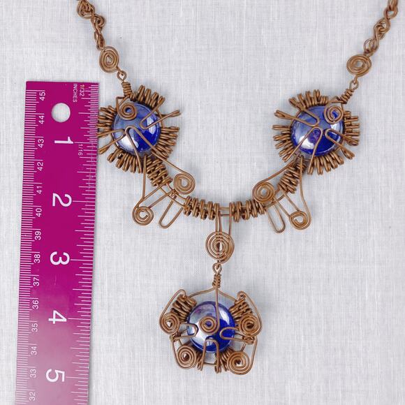 Handmade Wire-Wrapped Copper Necklace with Deep Blue Glass Cabochon Boho Pendant - Picture 9 of 10